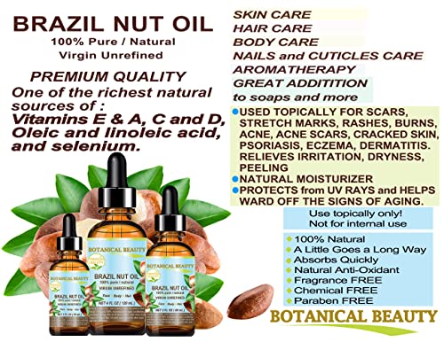 Botanical Beauty Brazil Nut Oil 2 Fl Oz - 100% Pure Natural Moisturizer for Skin, Hair & Nails