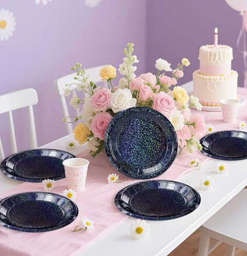 SietDESEO 50 Pack Iridescent Black 7-Inch Paper Plates for Parties
