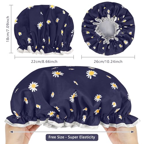 Meliya Daisy Blue Waterproof Shower Cap for Women - Dual-Layer Elastic Hair Cover