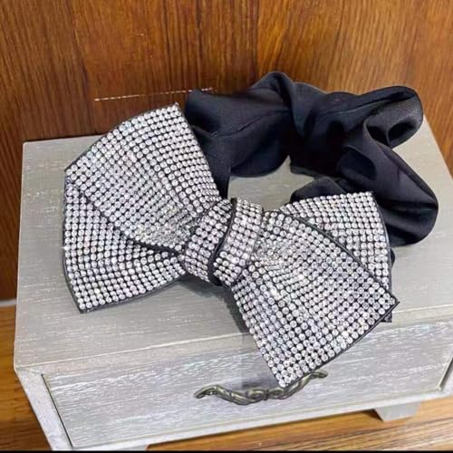 CJKDXDH 2 Pack Large Rhinestone Bow Scrunchies for Women Girls Black Shiny Crystal Hair Ties