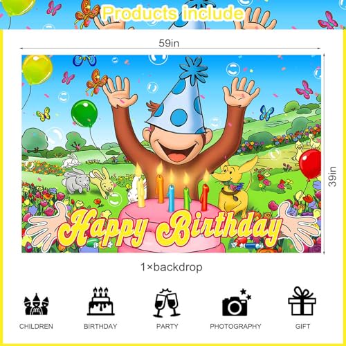 Cartoon Monkey Birthday Backdrop Banner - 59x35.4 inches Kids Party Decor