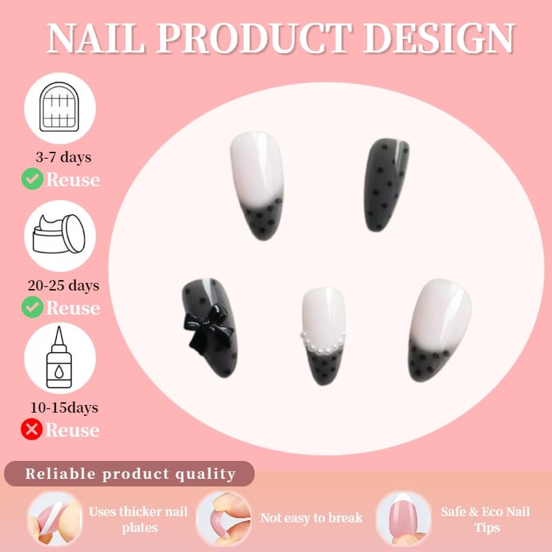 Black Polka Dot Press-On Nails - Medium Almond Shape with Bow Charms | Reusable Acrylic Full Cover Design