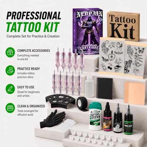 Multicolor Tattoo Practice Kit for Beginners with Skin, Needles, and Supplies