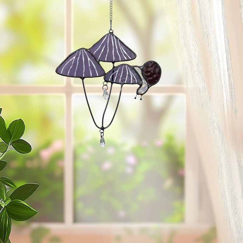 Handmade Stained Glass Snail on Purple Mushrooms Suncatcher