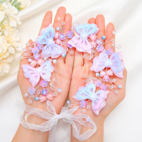 Urieo Girl Flower Headband with Butterfly and Crystal Beads Wedding Hair Accessory