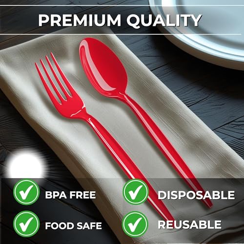 Red Plastic Spoon and Fork Set - 100 Durable Disposable Utensils