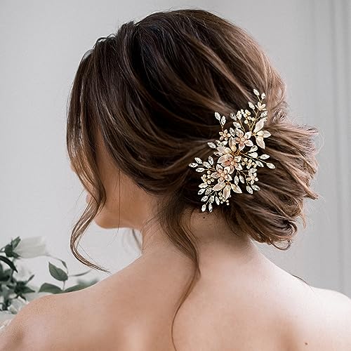 SWEETV Gold Pearl Flower Bridal Hair Comb - Handmade Wedding Accessory