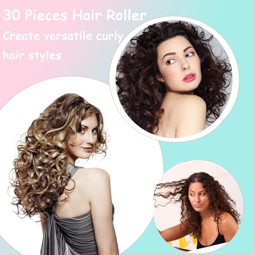 Blue 30Pcs Plastic Self Grip Hair Curlers Set with Mini Comb - No Heat Styling