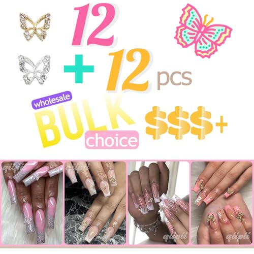 Qiipii 24Pcs Butterfly Nail Charms Bulk 3D Nail Art Gems – Gold & Silver Rhinestones for Acrylic Nails (Mix Rhinestones S)