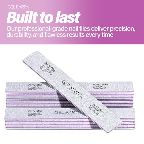 GEL PARTY 100/100 Grit Square Nail Files - 25 Pack Washable Emery Boards
