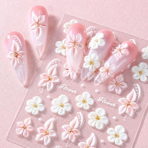 5D Embossed Flower Nail Stickers with Pearl Gems for Nail Art