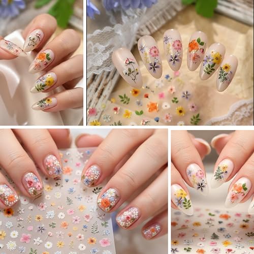 5D Embossed Dried Flower Nail Stickers - Daisy & Cherry Blossom Designs
