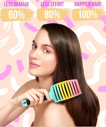 KTKUDY Detangling Hair Brush for Women & Kids - Green-Yellow-Pink Gradient, Wet & Dry Hair, All Hair Types
