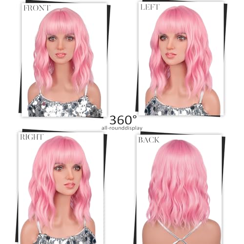 Light Pink Wavy Bob Wig with Bangs - 14 Inch Shoulder Length