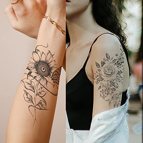 Ceresa Black Flower Temporary Tattoos - 14 Sheets for Arms, Legs, Body (Variation: Black Flower)
