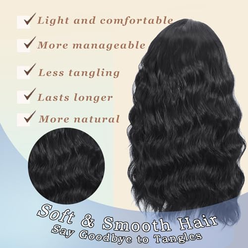 Black Wavy Wig for Women - 18 Inch Medium Length Synthetic Hair