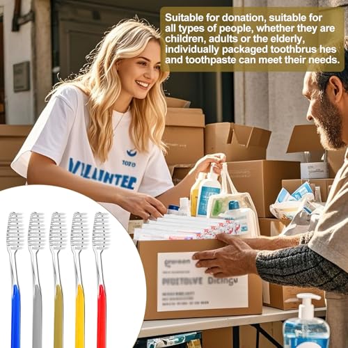 50 Individually Wrapped Disposable Toothbrushes with Mini Toothpaste - 5 Colors