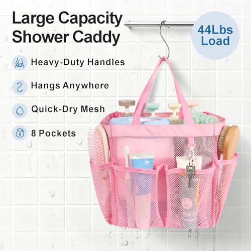 Portable Mesh Shower Caddy with 8 Pockets - Quick-Dry & Dual Handles, Ideal for Dorms & Travel, Pink