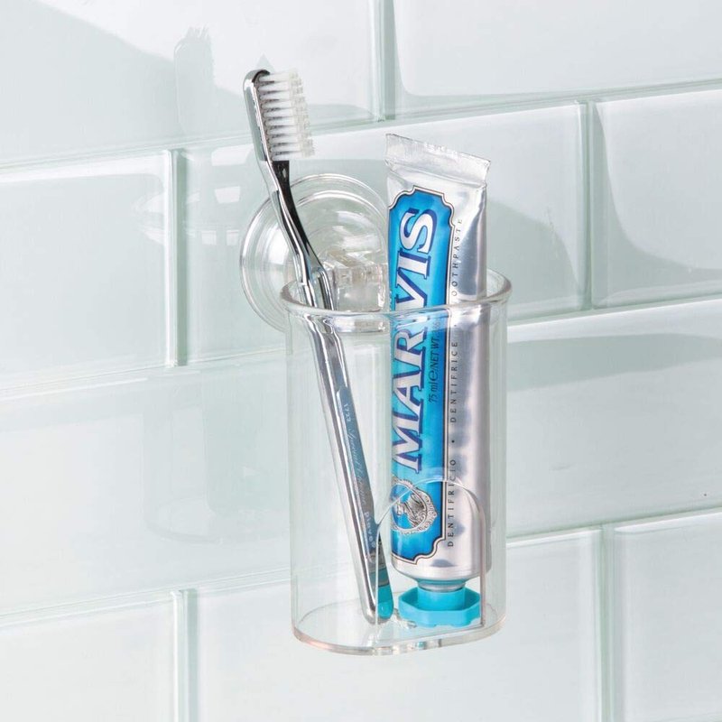 mDesign Compact Plastic Suction Storage Center for Bathroom Organization of Toothbrushes, Electric Toothbrushes, Razors - 2 Pack - Clear