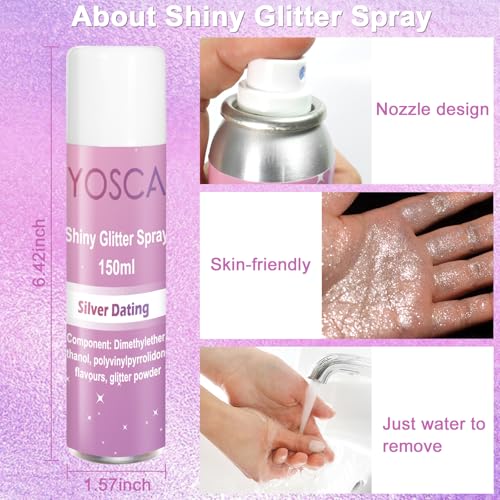 Yosca Silver Body Glitter Spray 150ML for Hair & Body - Diamond Shine, Perfect for Date Night
