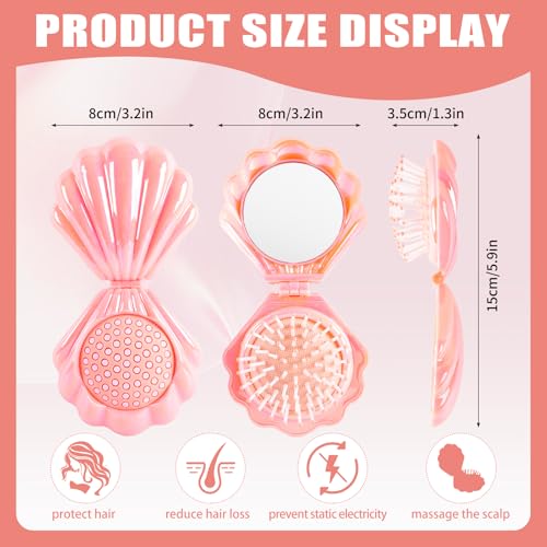 Iridescent Shell Folding Hair Brush with Mirror - Compact Travel Size