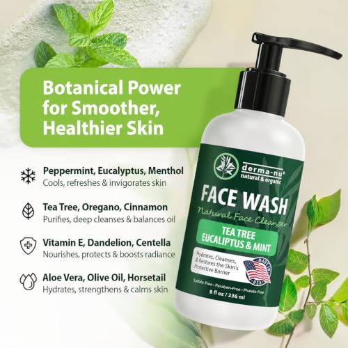 Derma-Nu Tea Tree Face Wash - Natural pH-Balanced Facial Cleanser, 8 oz