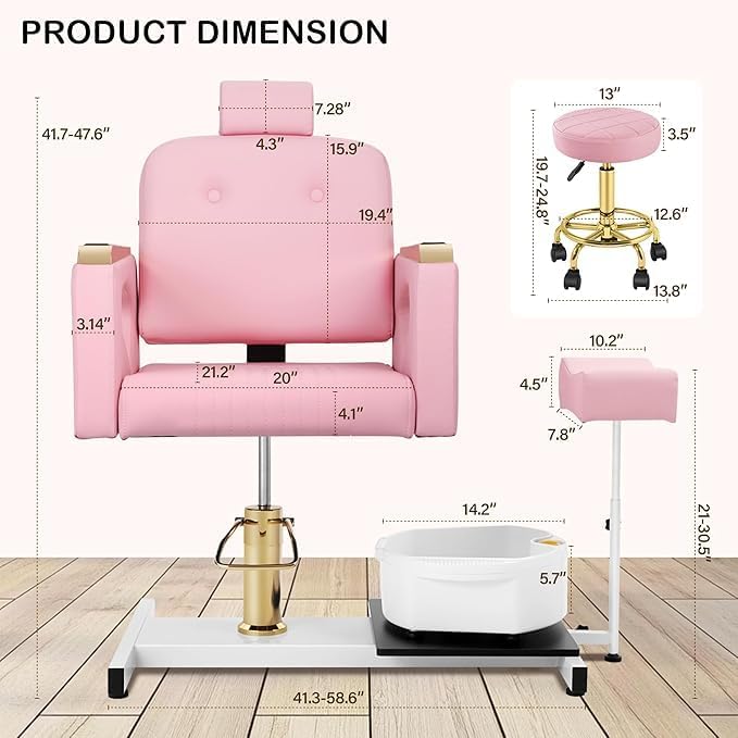 Pink Spa Pedicure Chair - No Plumbing, Portable 360° Rolling Stool | Nail Tech Beauty Salon Equipment