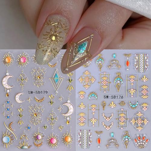 5D Gold Nail Stickers Sun Moon Flower Embossed Decals for Nail Art
