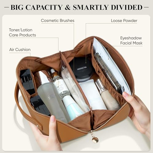 Medium Brown Travel Makeup Bag with Flat Design & Multiple Compartments