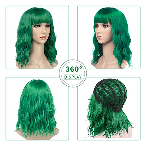Green Wavy Bob Wig with Bangs and Sunglasses Set - Heat Resistant Synthetic