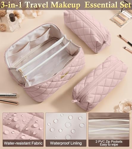 Pink Rose Medium Travel Makeup Bag - Large Capacity Puffy Cosmetic Organizer for Women
