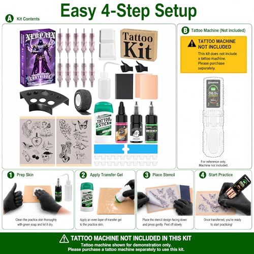 Multicolor Tattoo Practice Kit for Beginners with Skin, Needles, and Supplies