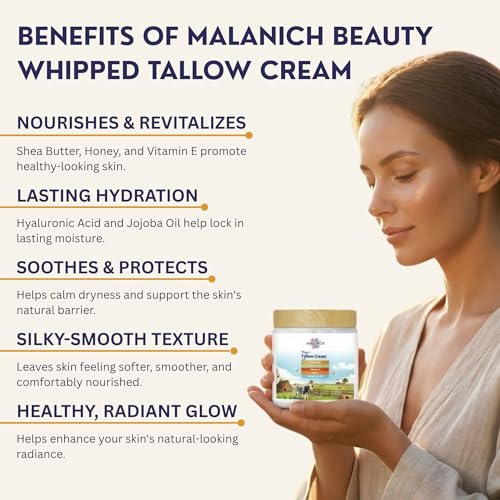 Malanich Whipped Tallow Cream - Grass Fed Moisturizer for Face & Body, 4oz