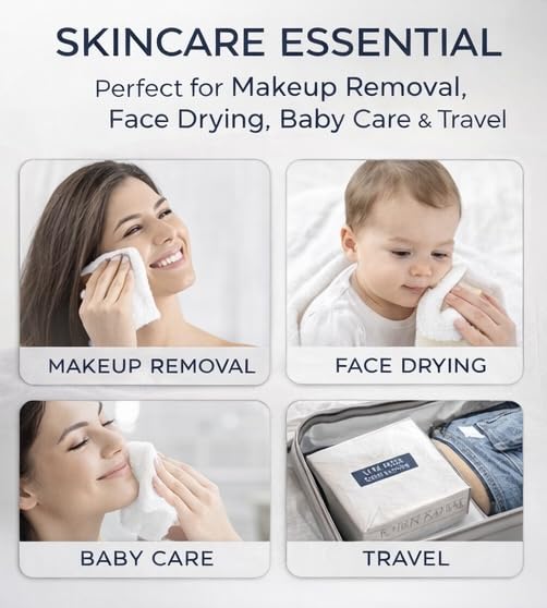 Disposable Face Towels - Ultra Soft Plant-Based Facial Towels for Makeup Removal | XL 50 Count, 10 x 12 Inch