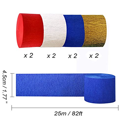 8 Rolls Crepe Paper Streamers for Party Decorations - Red, Blue, White & Gold