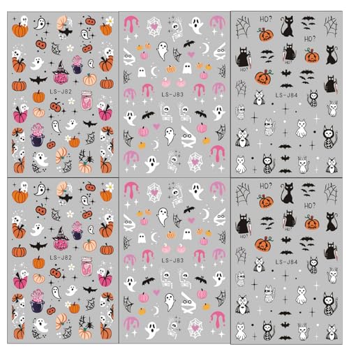 FUKIDOG Cute Halloween Nail Art Stickers Ghost Pumpkin Bat 3D Self-Adhesive Decals for Women & Kids - Halloween DIY Manicure Supplies, 6 Sheets