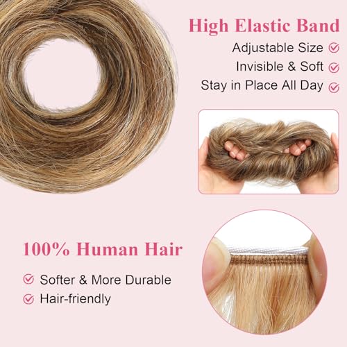 2Pcs Messy Bun Hair Piece - 100% Human Hair, Medium Brown/Dark Blonde #P4-27