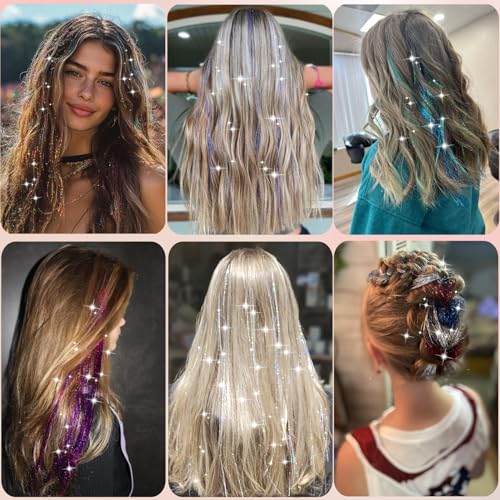 Hair Tinsel Kit - 16 Colors, 7600 Strands, 48 Inches Glitter Extensions