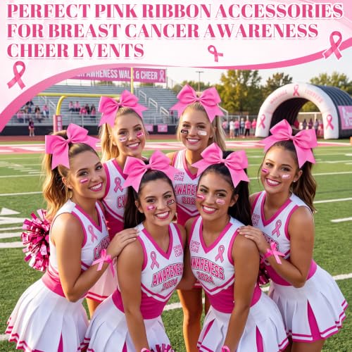 Tisancy 8" Large Pink Cheer Hair Bows & 15 Breast Cancer Tattoos