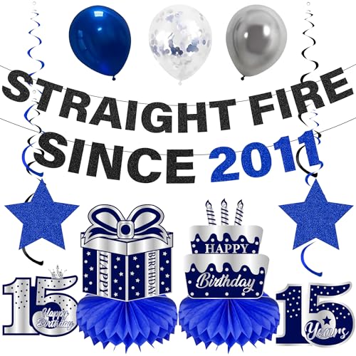 15th Birthday Decoration Set - 11 Pcs Blue & Black Balloons, Banners, and Honeycomb