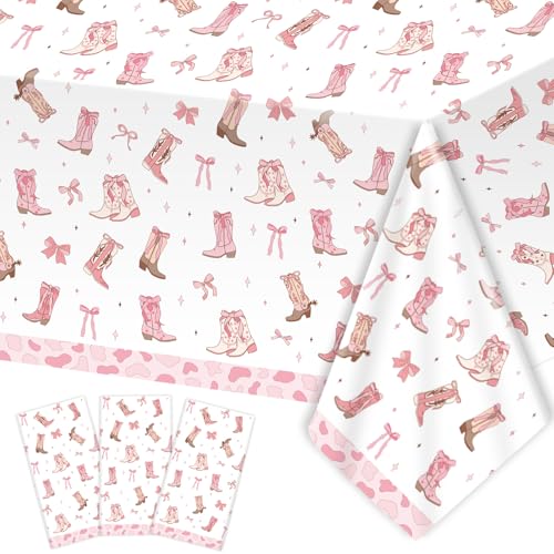 3-Piece Cowgirl Tablecloth Set with Pink Bows - Disposable Party Decor