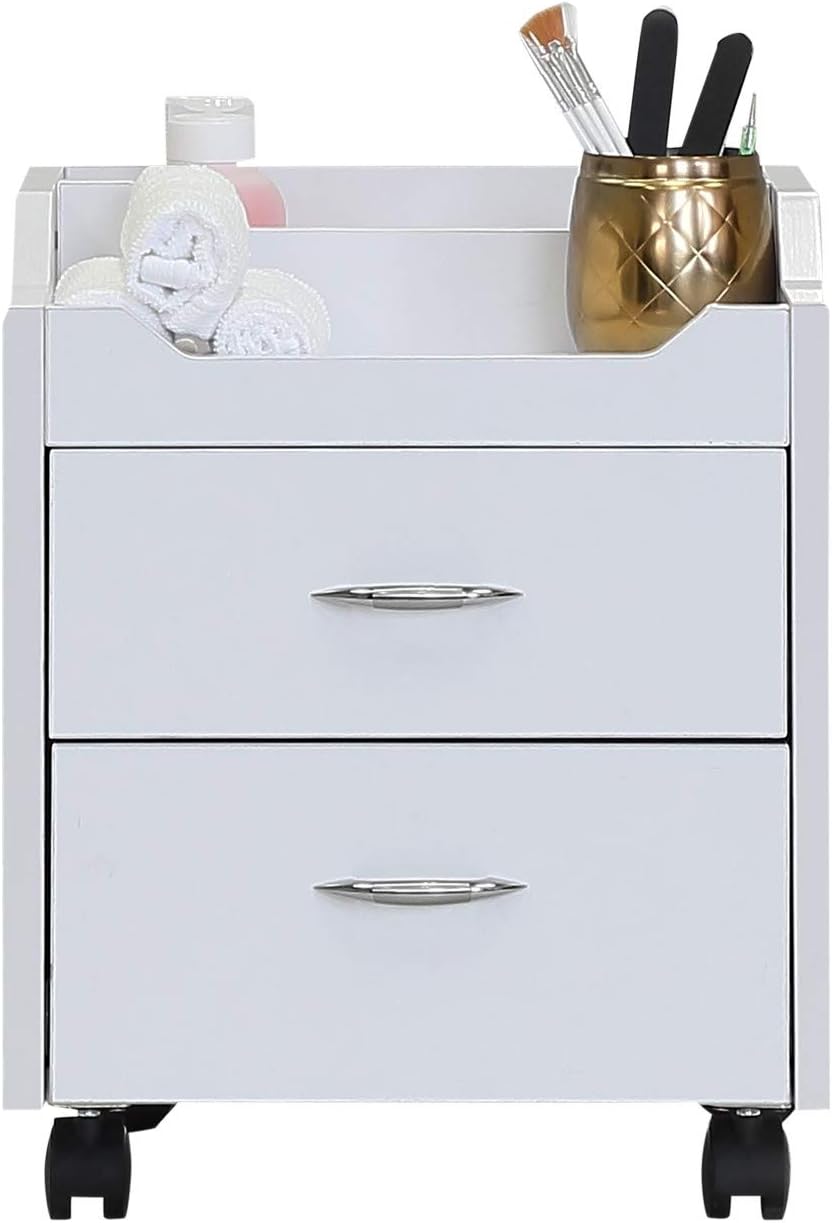 Wood Top Pedicure Cart - Compact Salon Trolley with 2 Utility Drawers & Locking Casters | Easy-to-Clean White Finish
