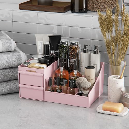DancesCat Pink 2-Drawer Makeup Organizer, 7-Compartment Vanity Storage