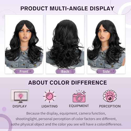 Black Wavy Layered Wig with Curtain Bangs - 20 Inch Synthetic Cosplay Hair