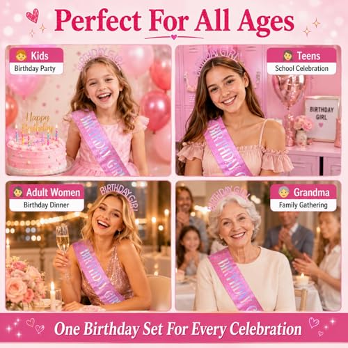 Pink Glitter Birthday Sash and Rhinestone Tiara Set for Women