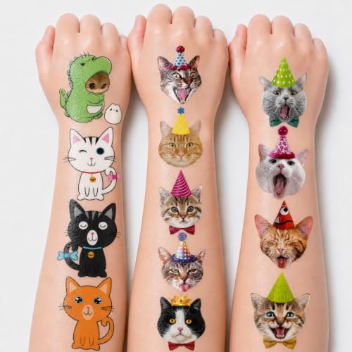 60 PCS Cute Cat Temporary Tattoos - Pre-Cut Stickers for Kids