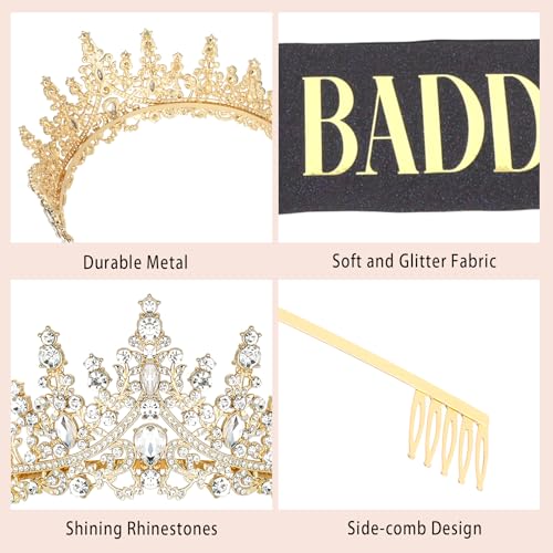 Gold Birthday Crown and Black Birthday Baddie Sash Set for Women
