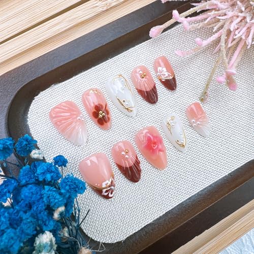 Red French Tip Press-On Nails with 3D Flower Designs - 24 Pcs