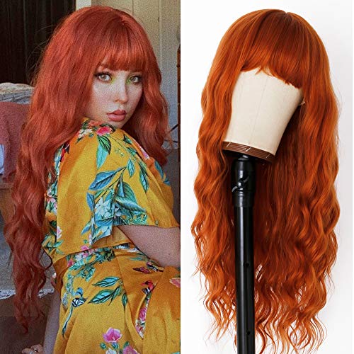 EVLYNN 26-Inch Copper Ginger Long Wavy Wig with Bangs, Heat Resistant