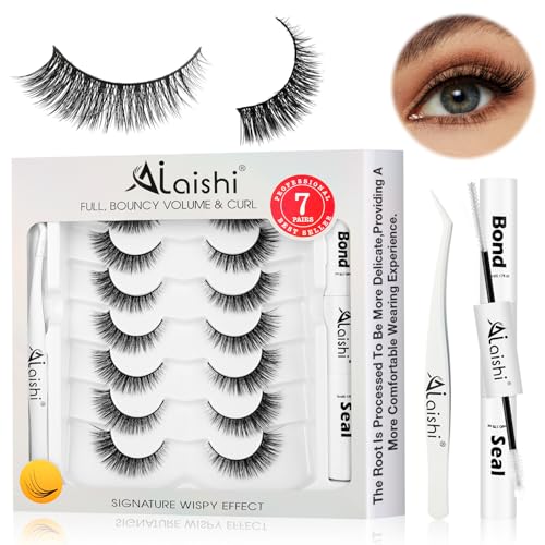 AILAISHI RQ45 False Eyelashes Kit with Bond, Seal & Tweezer - Natural Wispy Strips, Waterproof, Reusable for Beginners